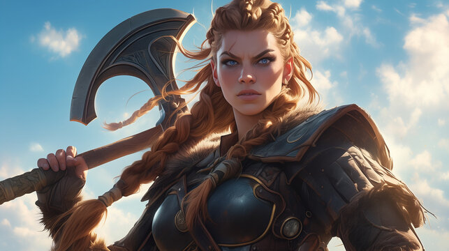 fierce dwarven shieldmaiden with braided hair and ornate shield standing against a mountainous battlefield, intense gaze reflecting battle readiness