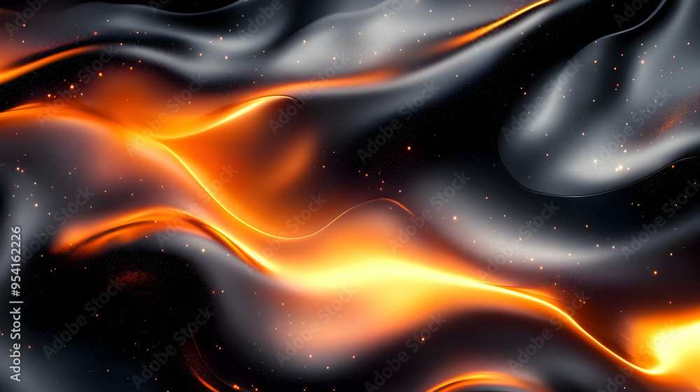 Poster abstract flowing orange and black background with glittering particles.