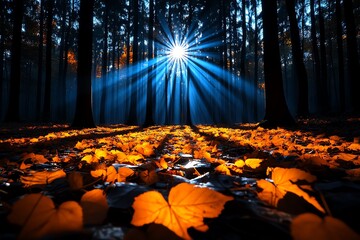 Enchanting Autumn Mysterious, Shadows, and Forest visualized in a dense forest where the long shadows of the trees create a mysterious, almost otherworldly atmosphere