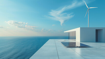 Obraz premium solar panel and wind turbine against a clean horizon, symbolizing the sustainable and renewable energy sources powering the future