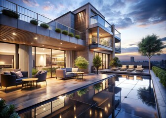 Fototapeta premium sophisticated evening scene of contemporary luxury townhouse with chic rooftop lounge and glittering city lights reflected in wet pavement