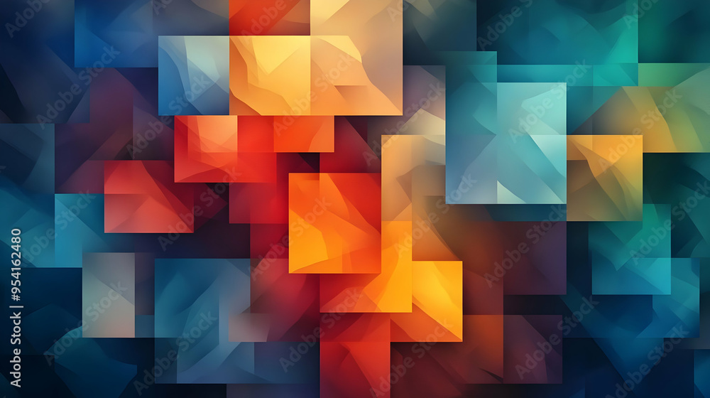Poster abstract geometric background with colorful squares and triangles.