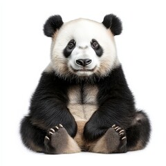 A baby panda bear is sitting on its back legs and looking at the camera