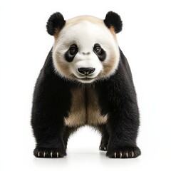 A panda bear is standing in front of a white background