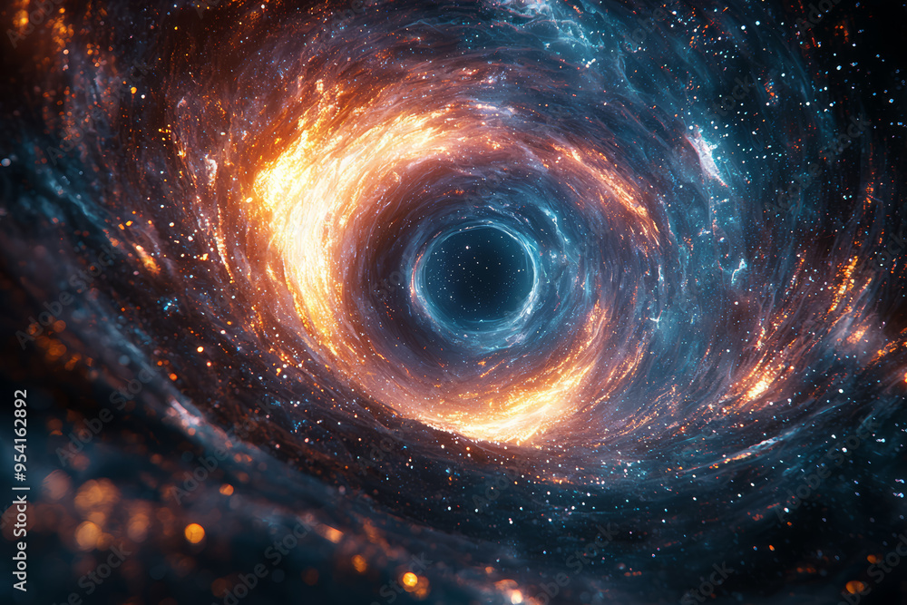 Poster an illustration of a wormhole with space-time distorted around it, visualizing theoretical shortcuts