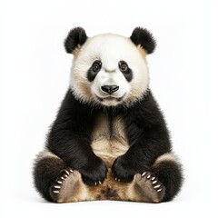 Fototapeta premium A baby panda bear is sitting on its hind legs and looking at the camera