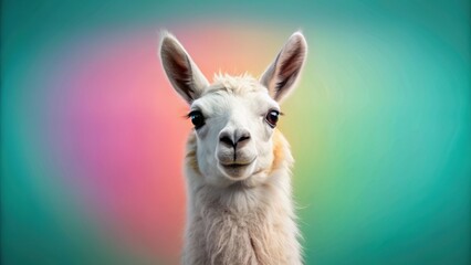Fototapeta premium Cute llama with a happy face on a pastel colored background , llama, cute, animal, adorable, face, happy, pastel, background