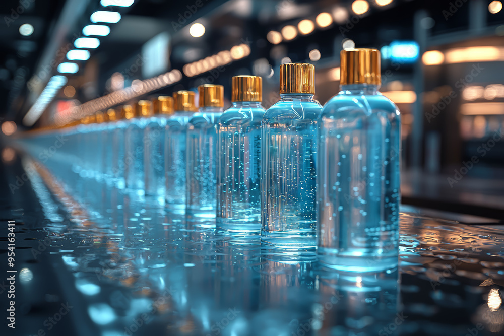 Poster a set of hand sanitizer bottles placed strategically in a public space, illustrating the measures ta