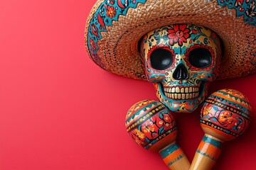 Painted human skull for Mexico's Day of the Dead (El Dia de Muertos) with sombrero and maracas on red background