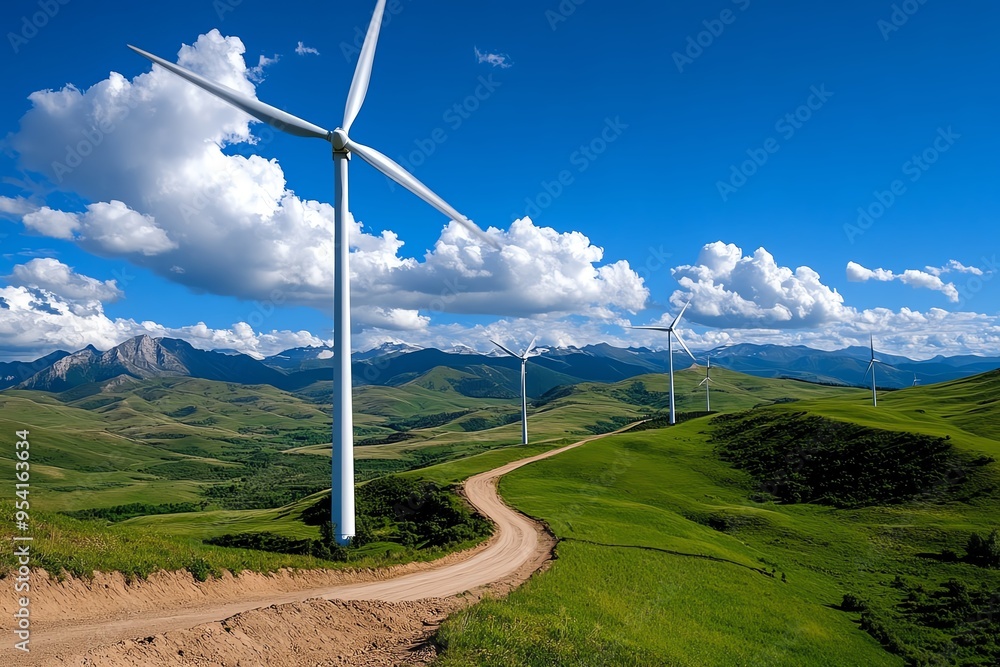 Poster energy illustration wind, turbines, and power generation visualized in a dynamic landscape where lar