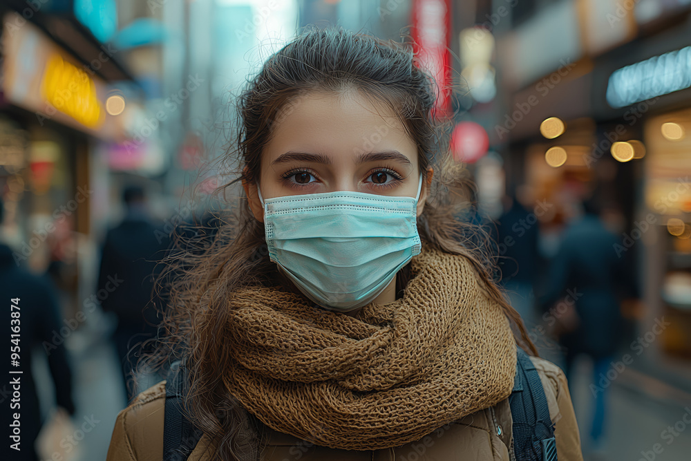 Canvas Prints a person wearing a face mask in a busy urban setting, emphasizing the public health measures impleme