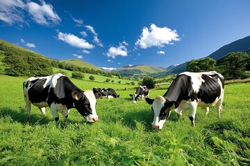 Farm Cow Dairy Cow, Pasture, and Grazing depicted in a peaceful farm scene where dairy cows graze on lush green pastures under a clear blue sky