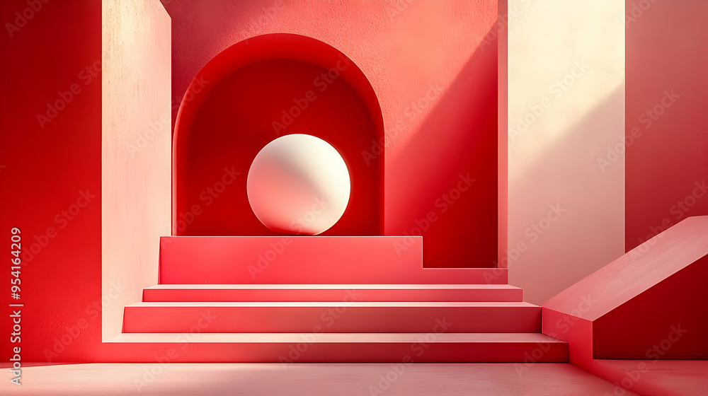 Poster abstract minimal red and white geometric shapes with a white sphere on a platform.