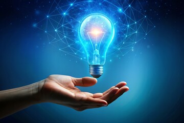 Minimalist illustration of a delicate hand extending a single finger to touch a stylized, glowing, blue vector light