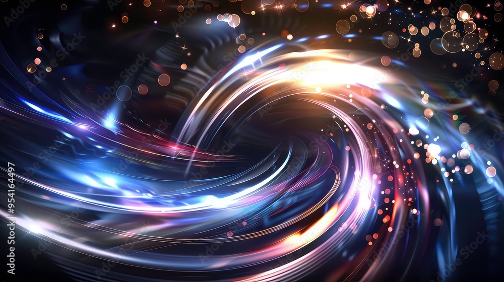 Poster abstract background with glowing lines and bokeh lights.