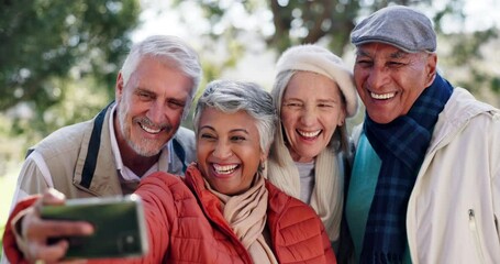Senior people, friends and selfie in park for happy memory, support and relax together for bonding. Elderly, men and women with profile picture in outdoor for social media post, smile and retirement