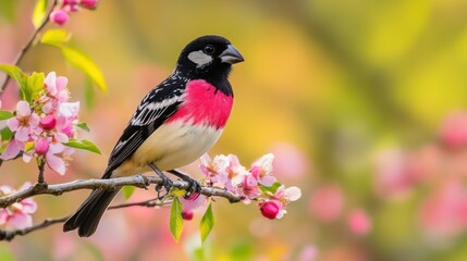 Fototapeta premium A Colorful Bird Perched on a Branch with Pink Flowers