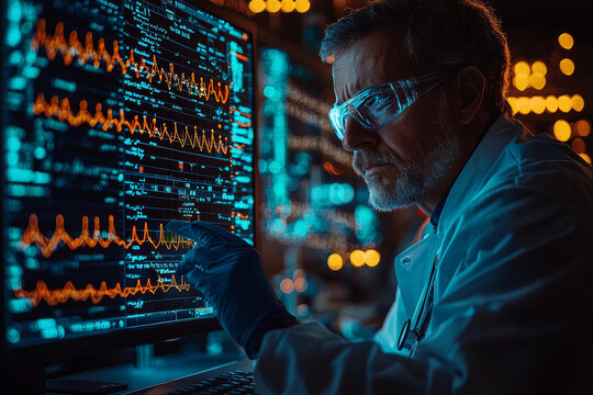 A close-up of a medical researcher analyzing viral RNA on a laboratory workstation, showcasing the scientific techniques used in studying viral genomes.