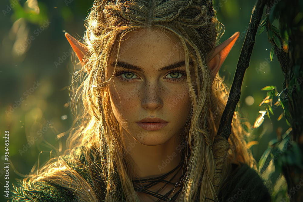 Poster an elegant elf in a forest glade, with pointed ears and a bow, blending seamlessly with the surround