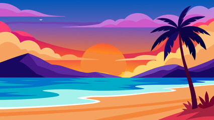 Serene Beach Sunset Captivating Vibrant Colors in the Sky for a Tranquil Evening View