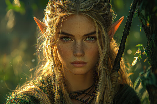 An elegant elf in a forest glade, with pointed ears and a bow, blending seamlessly with the surrounding foliage. Concept of elven grace and woodland harmony.
