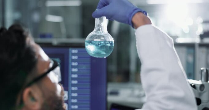 Scientist, container and chemical shake in lab, science and experimental chemistry or experiment. Formulation, cure innovation and medical observation, safety gloves and breakthrough study with man