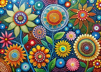 abstract dot painting of blooming flowers with intricate details and vibrant colors in mid-century modern style with bold composition