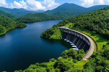 Hydropower and eco-friendly water resources are depicted in a realistic photo of a dam nestled within a pristine forest