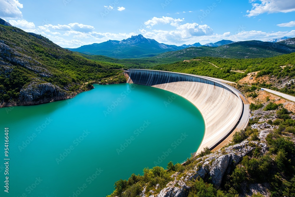 Poster hydropower and renewable resource management are featured in a realistic photo of a dam surrounded b