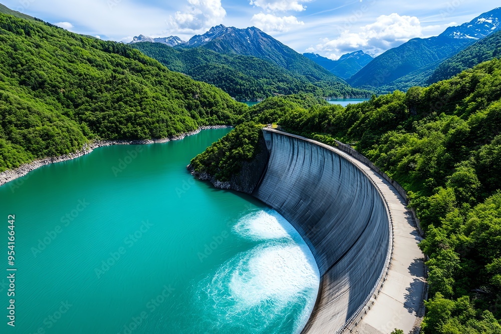 Poster hydropower and water resource management are depicted in a realistic photo of a dam blending seamles