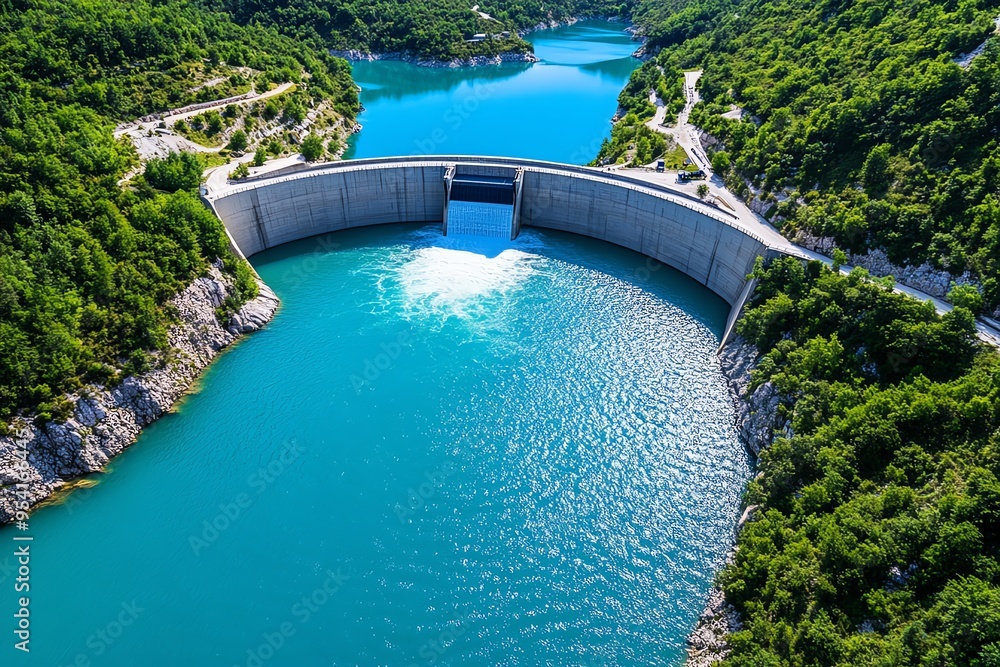 Poster hydropower and water resource management are depicted in a realistic photo of a dam blending seamles