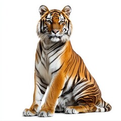 A tiger is sitting on a white background