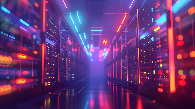 Step into a hightech data center pulsating with vibrant neon lights, housing robust server racks in a futuristic and secure setting, perfect for exploring cuttingedge technology concepts