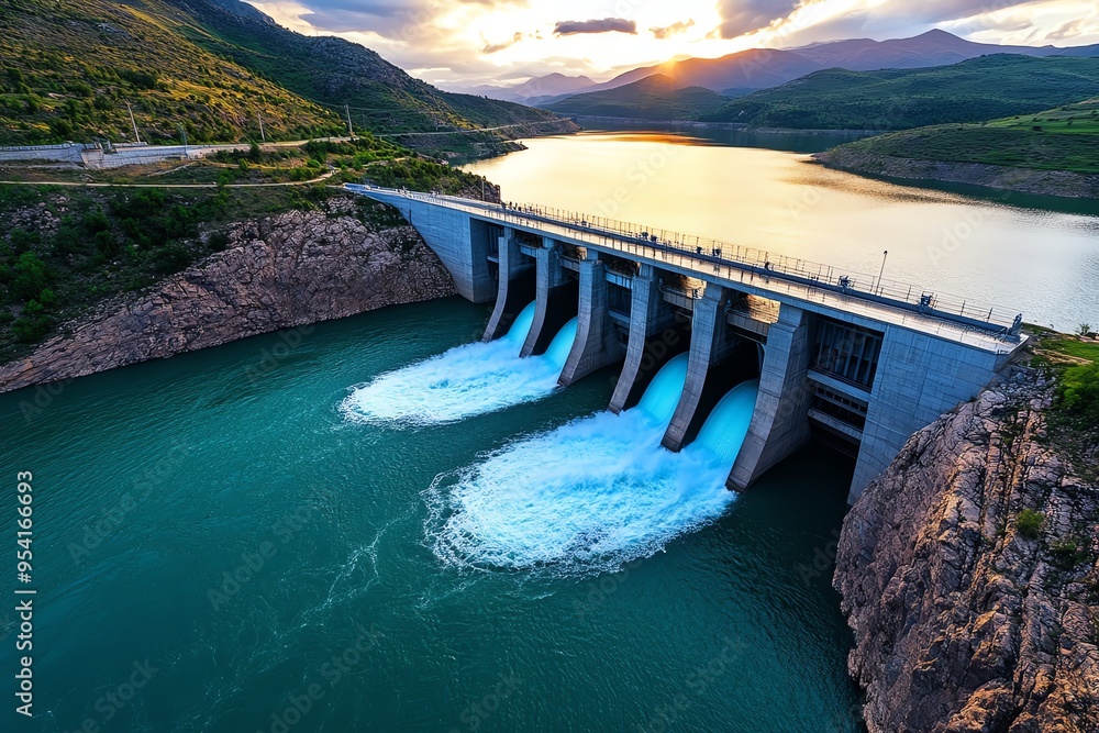 Poster hydropower innovation and structural design are highlighted in a detailed illustration of a futurist