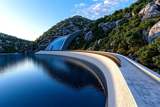 Hydropower innovation and resource optimization are captured in a minimalist design focusing on the efficiency of a sleek dam