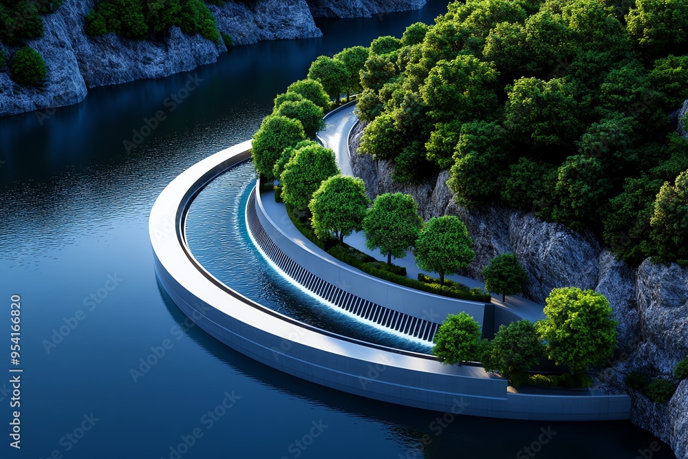 Poster hydropower optimization and structural advancements are illustrated in a futuristic design of a cutt