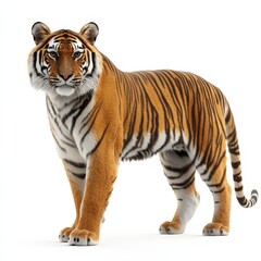 Obraz premium A tiger stands on a white background, looking directly at the camera