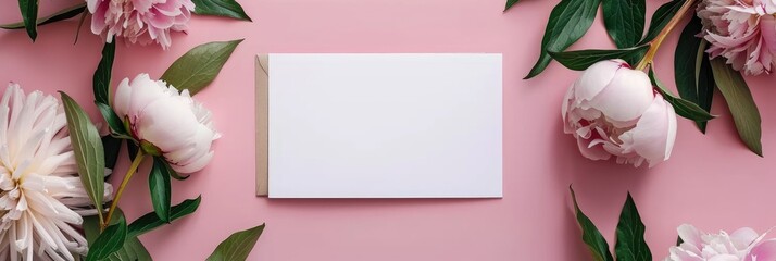 Fresh peony flowers on a wedding invitation card mockup with blank paper and copy space