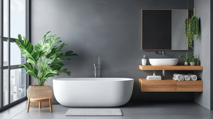 Fototapeta premium Sleek, modern bathroom featuring a white freestanding bathtub, wooden elements, and lush green plants, creating a serene and stylish space.