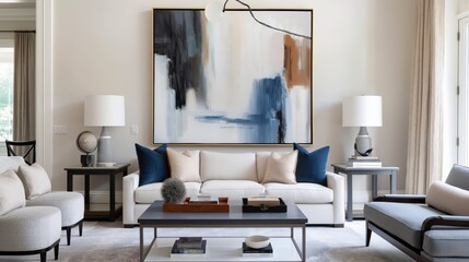 Modern Living Room with Abstract Art, Contemporary Furniture, and Elegant Decor in a Bright and Spacious Home Interior