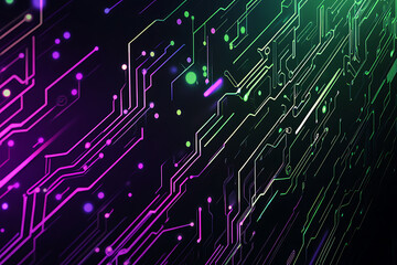 Fototapeta premium Abstract representation of a circuit board with glowing neon lines and geometric patterns against a dark background. The image evokes a high-tech, futuristic feel with ample copy space 