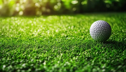 Obraz premium Close-Up of a Golf Ball on Lush Green Grass in a Sunlit Garden Setting