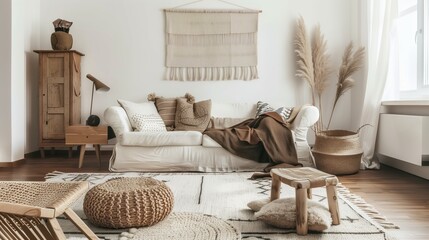 Cozy Scandinavian Living Room with Neutral Tones and Boho Decor Elements in Natural Light