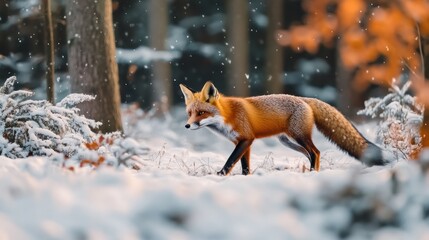 Fototapeta premium Red Fox Walking Through Snowy Forest