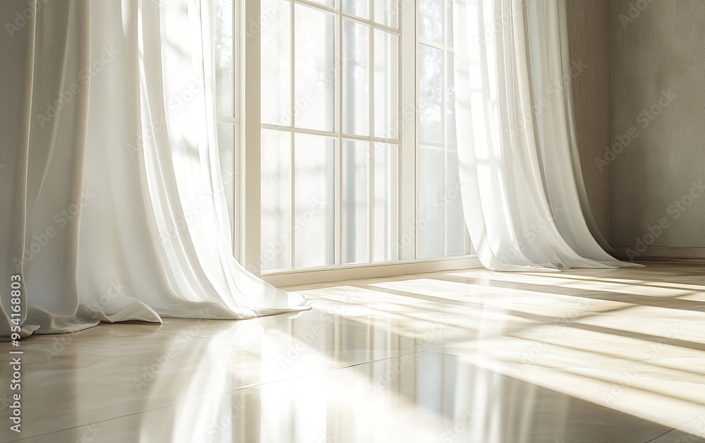 Poster a large window with thin white curtains slightly blowing in a gentle breeze, soft autumn sunlight st