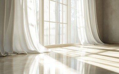 Obraz premium a large window with thin white curtains slightly blowing in a gentle breeze, soft autumn sunlight streaming in and creating warm reflections on the floor