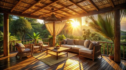 warm cozy retreat sunlit veranda with natural fiber canopy subtle shadows dappled afternoon light rustic wooden furniture comfortable ambiance