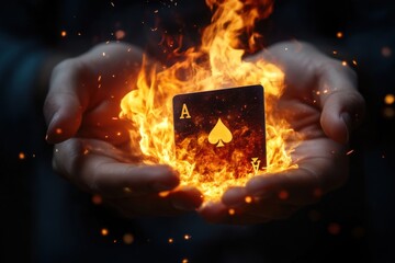 A hand is holding a card with a black Ace and a red heart