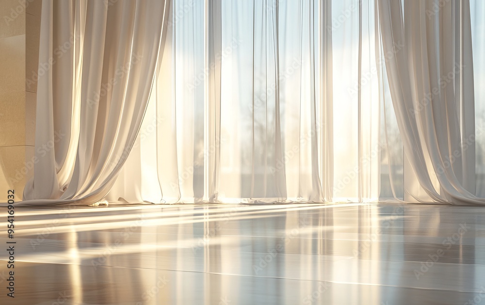 Poster a large window with thin white curtains slightly blowing in a gentle breeze, soft autumn sunlight st