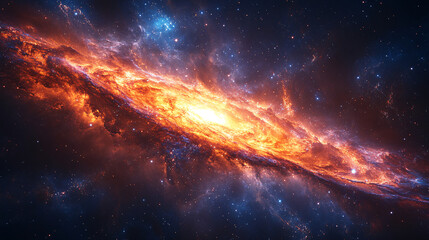 Fototapeta premium The image portrays a stunning edge-on view of a spiral galaxy, with a fiery, luminous core radiating intense orange and yellow light. The galaxy's disk is surrounded by swirling clouds of gas and dust